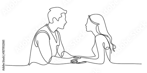 Continuous line art drawing of a man and woman holding hands during a romantic conversation Vector, illustration