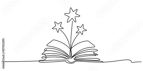 A minimalist single continuous line drawing of an open book and three rising stars symbolizing imagination. Vector, illustration