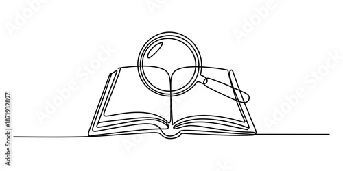 A continuous line drawing of an open book and a magnifying glass for knowledge search Vector, illustration