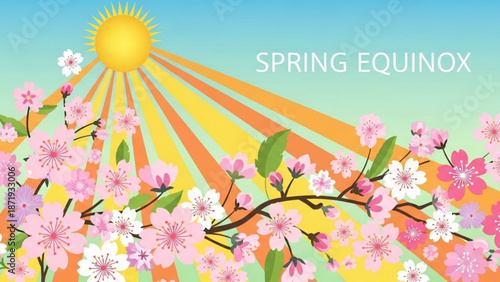 Vibrant spring equinox scene with cherry blossoms and sun rays on a colorful background with stylized illustration and seasonal and nature and floral