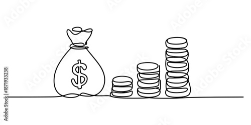 Continuous line art depicting a money bag and increasing stacks of coins representing financial growth Vector, illustration