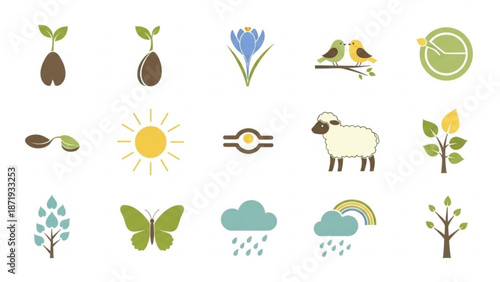 A colorful collection of eco friendly icons featuring plants animals and weather symbols on a white background for sustainable and environmental concepts