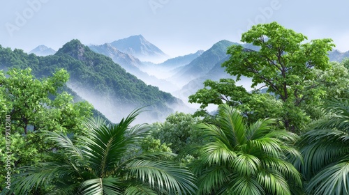 Lush tropical rainforest landscape with misty mountains and dense green foliage.