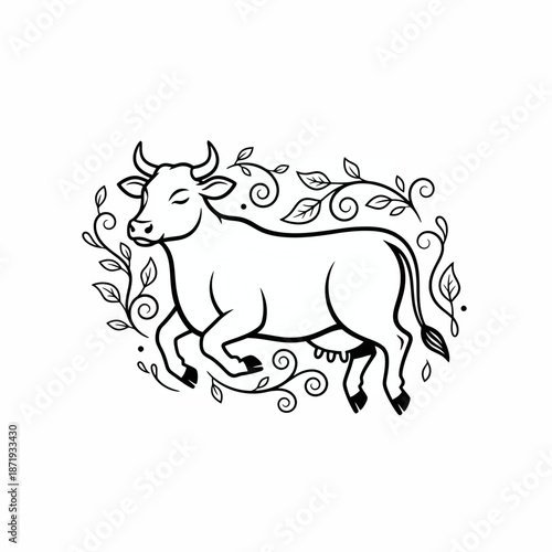 Black and white line art illustration of a serene cow surrounded by decorative swirling leaves and vines, depicting a peaceful farm animal in nature.