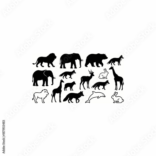 Collection of black animal silhouettes on a white background, featuring various wildlife creatures like elephants, lions, bears, giraffes, and foxes.