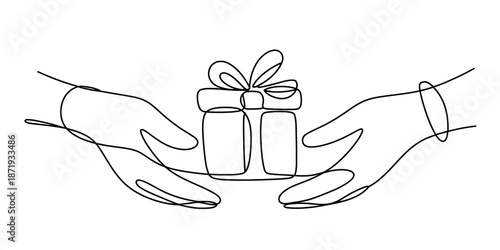 A continuous single line drawing of two hands passing a gift box Vector, illustration