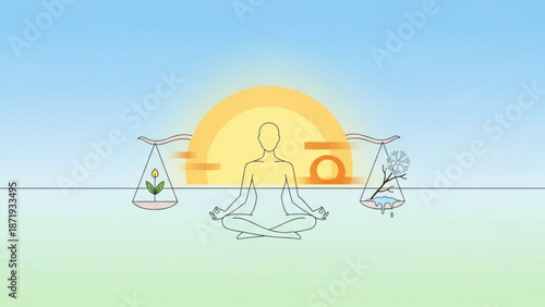 A person meditates in lotus position with scales balancing nature and pollution at sunrise with meditation and balance and yoga and ecological