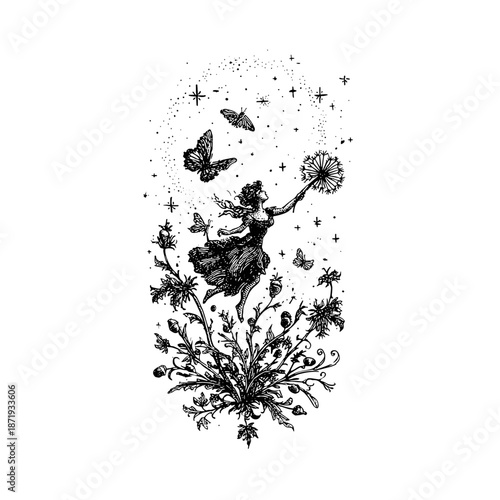 Whimsical Fairy Flying with Dandelion Seeds