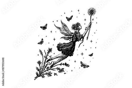 Whimsical Fairy Flying with Dandelion Seeds