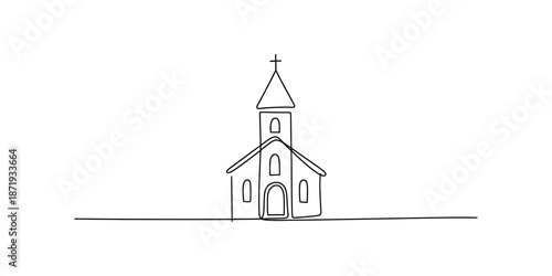 Minimalist continuous line drawing of a christian church with steeple and cross on a plain white background Vector, illustration