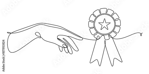 Reaching hand and prize ribbon continuous line art minimalist illustration Vector, illustration