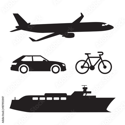 A simple vector illustration showing a collection of airplane and aircraft silhouettes used for aviation and travel designs