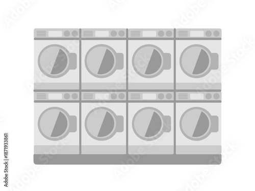 コインランドリーに並ぶ8台の洗濯機イラスト