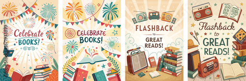 Nostalgic book fair flashback creative poster designs with classic elements and handwritten typography
