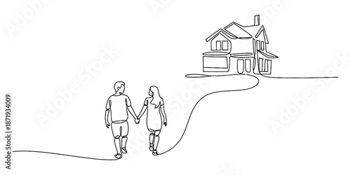 A continuous line art illustration of a couple walking hand-in-hand towards their future home Vector, illustration