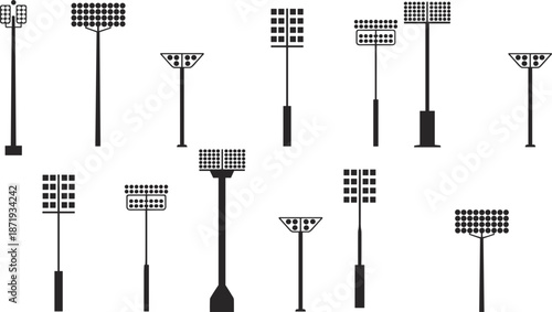 Assortment of black silhouette stadium floodlights and spotlights on white background Keywords: floodlight, spotlight, stadium
