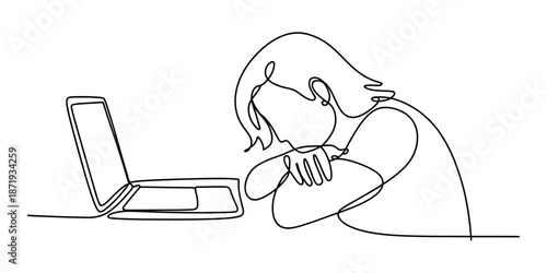 Slumped over laptop continuous line drawing illustrating fatigue and burnout Vector, illustration