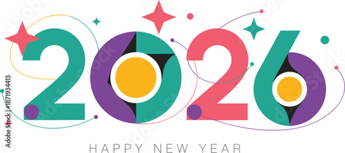 Colorful abstract graphic design for the year 2026 with Happy New Year text celebration greeting