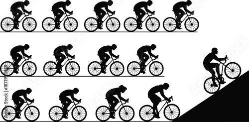 Cyclist Silhouettes in Motion and Climbing a Hill cycling bicycle