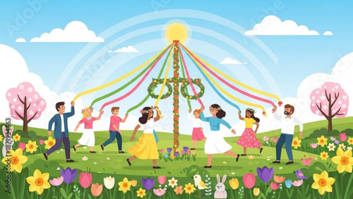 People dancing around a maypole on a sunny day with flowers and trees in a field with spring and festival and celebration and tradition and outdoor