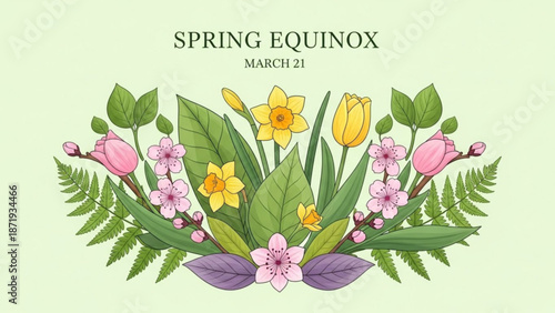 Vibrant spring flowers including tulips daffodils and cherry blossoms arranged with green leaves on a light background celebrating the spring equinox