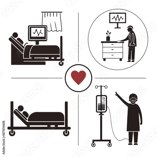 Medical staff attending to patients in hospital beds with monitoring equipment