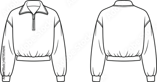 Fashion Flat Sketch of a Cropped Quarter Zip Pullover Sweatshirt Front and Back Views clothing apparel