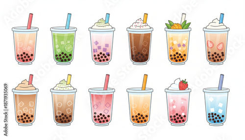 Assorted Bubble Tea Drinks with Straws.