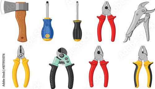 Hardware Hand Tools Vector Set, Professional Construction Equipment Collection with Pliers Screwdrivers Axe and Wrenches, DIY Home Repair Maintenance Workshop Graphics