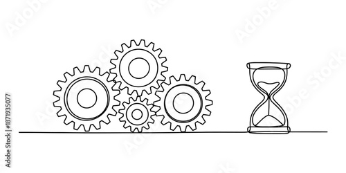 Continuous line drawing of gears and an hourglass representing time management and process flow Vector, illustration