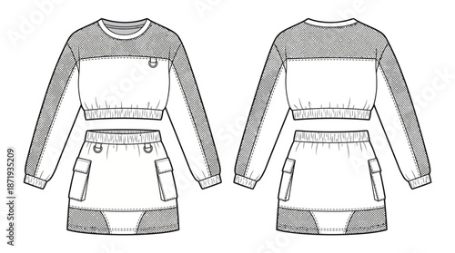 Fashion Design Sketch, Women's Apparel, Studio, Illustration, Trendy Setting, Front and Back View, Modern Concept