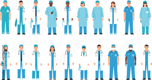 Large collection of diverse medical professionals, doctors and nurses wearing blue scrubs and white lab coats, isolated on white background.