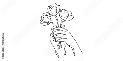 Continuous line art drawing of a human hand delicately holding a small bouquet of three flowers Vector, illustration