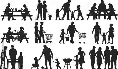 Silhouette collection of families and individuals engaged in various outdoor activities Keywords: family, people, silhouette