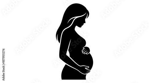 Pregnant Plus-Size Woman Silhouette, Maternity Art, Minimalist Design, Graphic Illustration, Black and White Style