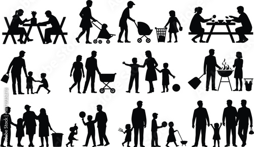 Silhouette illustrations of families and individuals enjoying outdoor activities and leisure Keywords: family, people