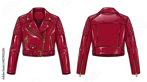 Stylish Red Leather Biker Jacket Design, Fashion Illustration, Urban Setting, Digital Art, Creative Perspective