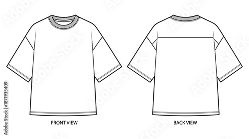 Fashion Design, T-Shirt Mockup, Front and Back View, Digital Illustration, Plain Background, Technical Drawing Style
