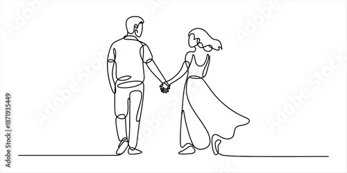 Continuous line drawing of a loving couple walking hand in hand together Vector, illustration