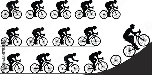Silhouettes of Cyclists Riding Bicycles on White and Grey Backgrounds Keywords: cyclist, cycling, bicycle, bike, sport, activity