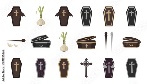 Halloween-themed coffins and vampire hunting tools illustration set.