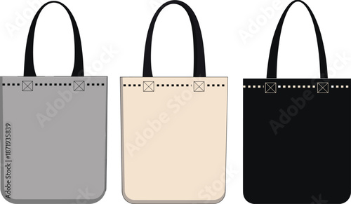 Three Tote Bags in Different Colors and Styles on White Background shopping bag canvas bag