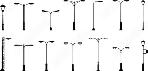 Twelve Black Silhouette Street Lamp Posts with Varied Designs and Lights lamppost lighting
