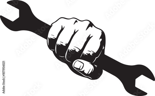 Black and white of a clenched fist holding a wrench hand tool