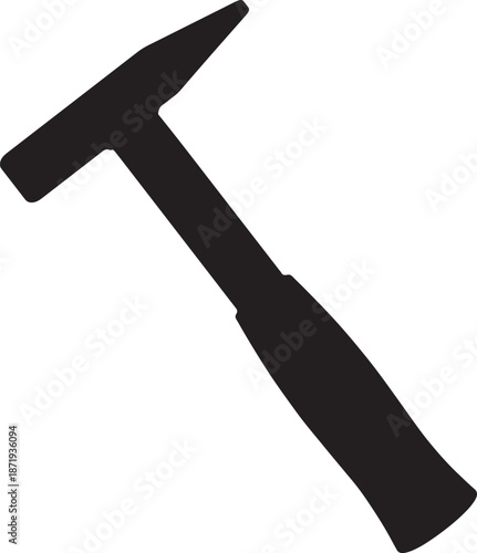 Black silhouette of a geological hammer with pointed chisel end and flat striking face on white background