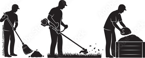 Silhouette of man gardening with various tools outside