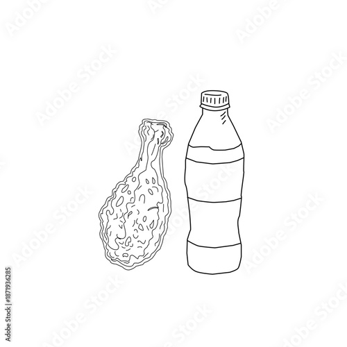Hand Drawn Fried Chicken and Drink Line Art Illustration. Chicken Drumstick Wings with Cup Bottle. Fast Food Sketch Vector for Menu Poster Packaging.