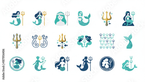 Collection of Mermaid and Trident Icons in Various Designs.