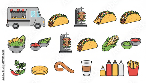 Assorted Mexican food icons including tacos and food truck.