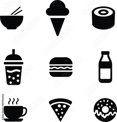 Food and Drink Flat Icons: Minimalist Vector Illustration Set